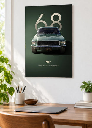 Patina Sixty-Eight car wall art displayed above a wooden desk against a white wall