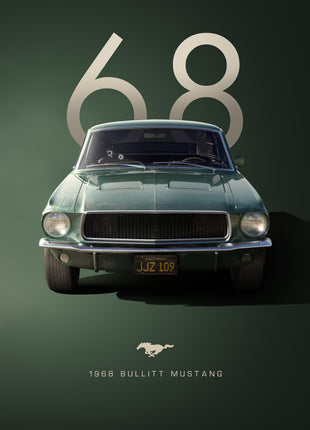 Weathered-looking green classic fastback facing forward below a cream 68, with windshield marks, chrome trim, and 1968 Bullitt Mustang lettering; Patina Sixty-Eight artwork