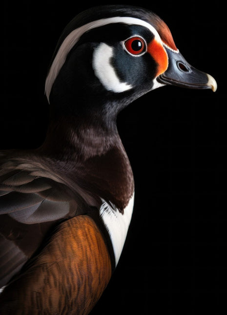 Right-facing duck with a red eye, white facial stripes, dark crest and rust-colored feathers.