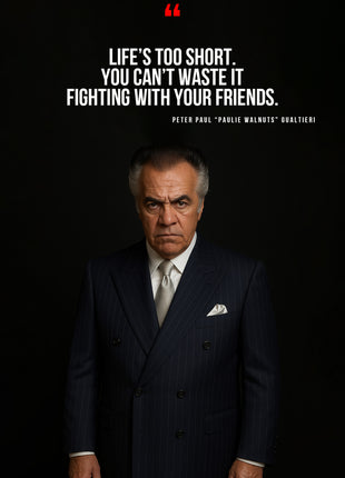 Paulie Gualtieri in a dark portrait beneath white quotation text and a red quotation mark.