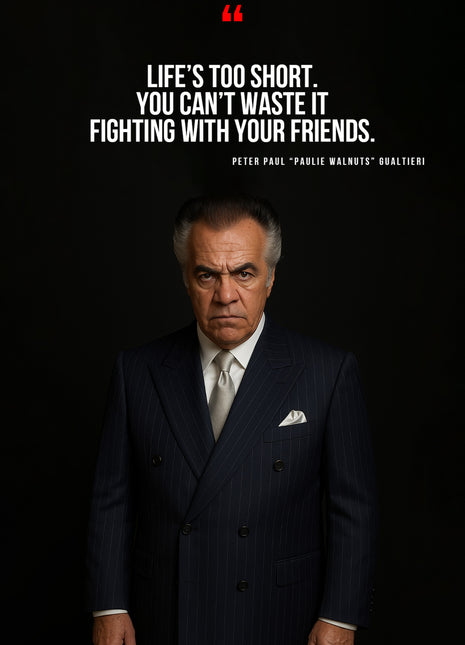 Paulie Gualtieri in a dark portrait beneath white quotation text and a red quotation mark.
