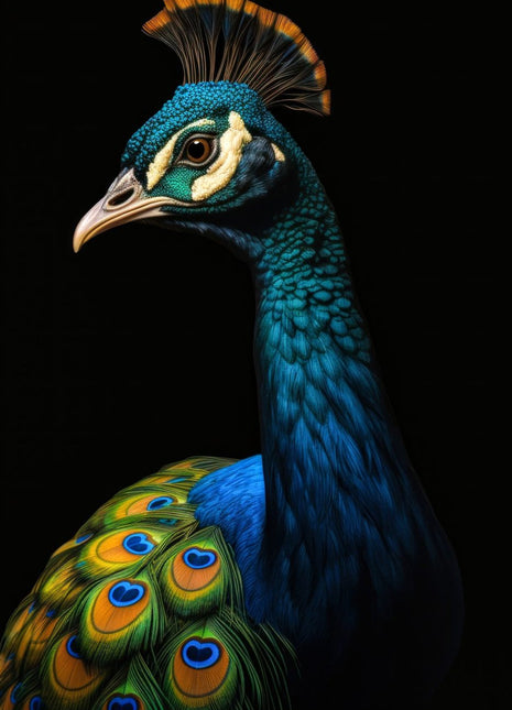 Blue-green peacock facing left with gold-tipped crest and colorful eye-patterned shoulder feathers.