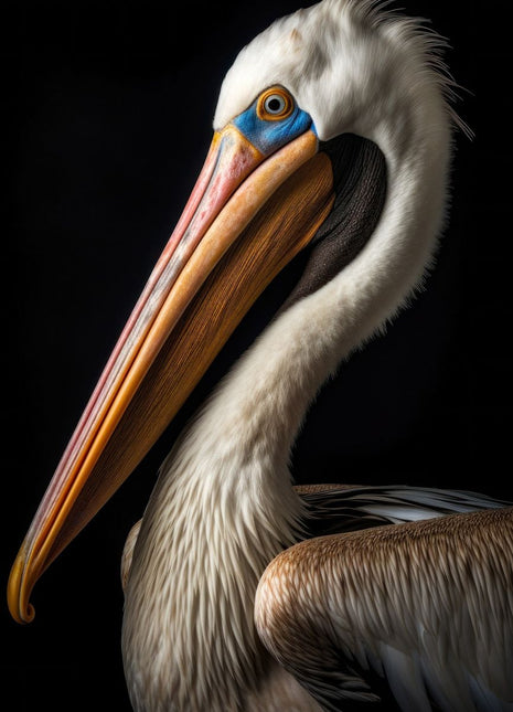 Pale-headed pelican facing left with long golden-orange bill, gray neck feathers and blue eye patch.