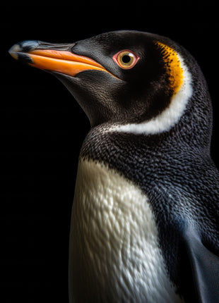 Penguin in profile with an orange beak, pale head markings and cream chest against black.