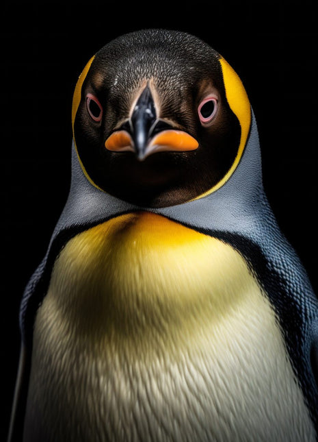 Front-facing penguin with a dark head, small orange beak and golden-yellow bib against black.