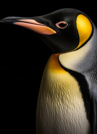 Penguin in profile with a pointed beak, golden neck markings and pale chest against black.