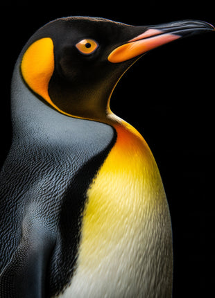 Penguin in profile with a raised orange-and-black beak and vivid golden neck markings against black.
