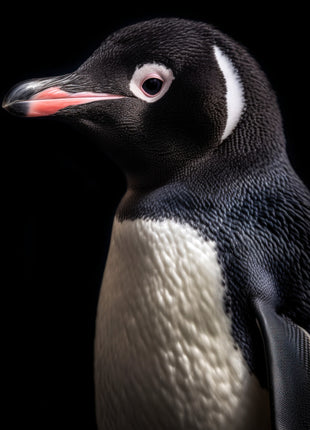 Black-and-white penguin with a white crescent behind its eye against black.