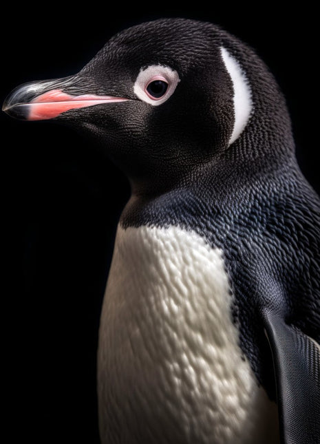 Black-and-white penguin with a white crescent behind its eye against black.