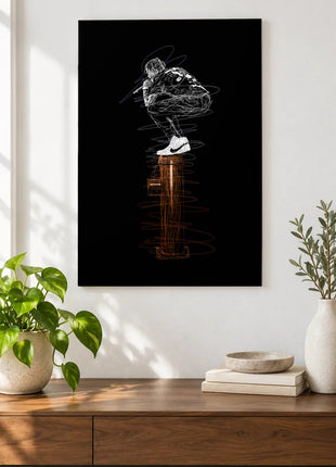 Perched Above the Orange acrylic wall art displayed above a wooden console with plants and books against a white wall.