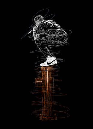 Perched Above the Orange: places a microphone-holding performer in a low crouch above a column of orange strokes.