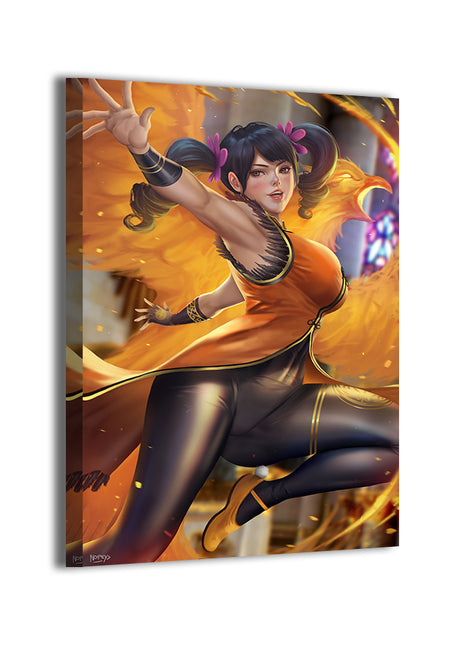 Ling Xiaoyu spinning pose, orange dress and flame wings; artwork by Nopeys; gallery-wrapped, ready to hang.