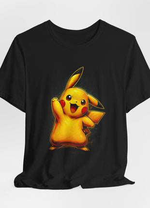 Draped front view of the black Pikachu Electric Smile Graphic T-Shirt.