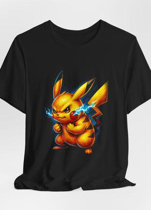 Draped front view of the black Pikachu Lightning Battle Graphic T-Shirt.