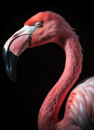 Pink flamingo in left profile with a curved neck and pale bill ending in a dark tip.