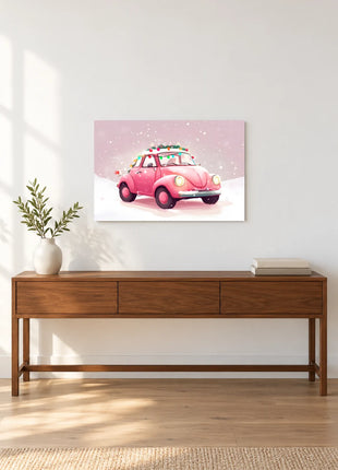Pink Holiday Glow wall art displayed above a walnut console against a white wall