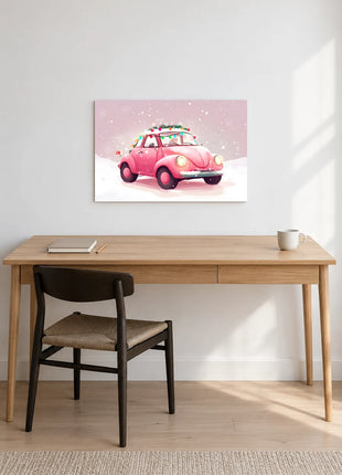 Pink Holiday Glow wall art displayed above a wooden desk against a white wall