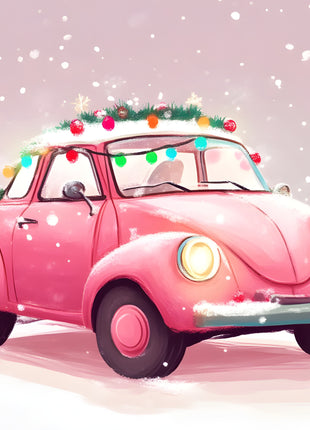 Bright pink rounded compact car with multicolored string lights and evergreen roof decoration in pink-and-white snowy scenery; Pink Holiday Glow artwork