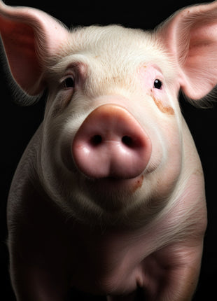 Close-up of a pale pink pig with wide ears and a rounded snout against black.