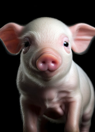 Pale pink piglet with wide ears, a rounded snout and visible front legs against black.