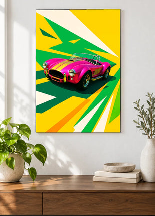 Pink Slip Roadster car wall art displayed above a walnut console against a white wall