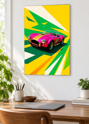 Pink Slip Roadster car wall art displayed above a wooden desk against a white wall