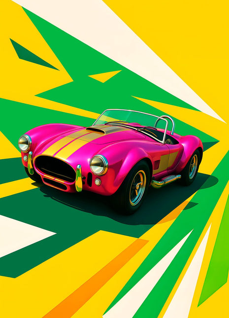 Hot-pink open roadster with gold racing stripes against yellow and green geometric rays; Pink Slip Roadster artwork
