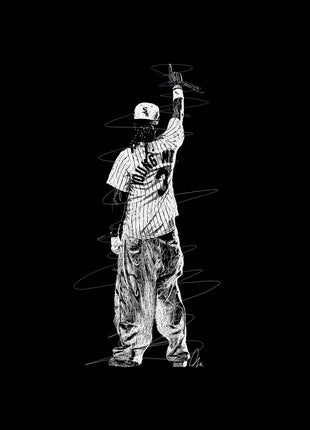 Rear-view performer in a White Sox cap, pinstriped jersey and loose trousers holding a microphone overhead on black.