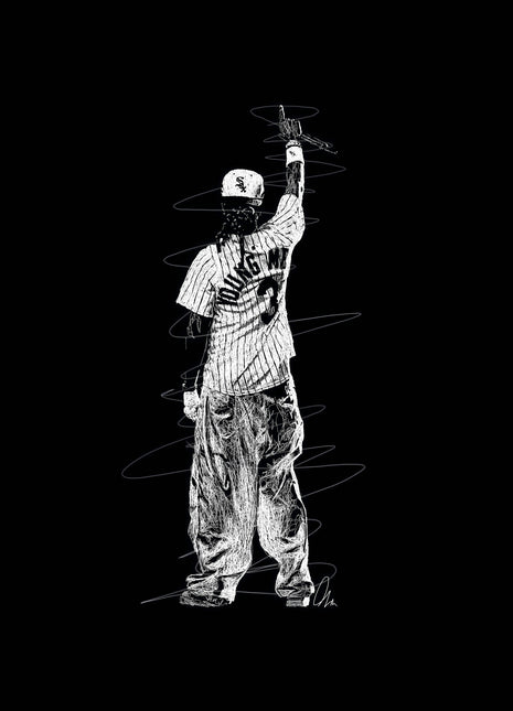 Rear-view performer in a White Sox cap, pinstriped jersey and loose trousers holding a microphone overhead on black.