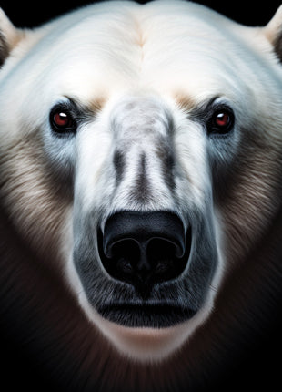 Close-up polar bear with frost-blue shadows, white fur, small dark eyes and a broad black nose.