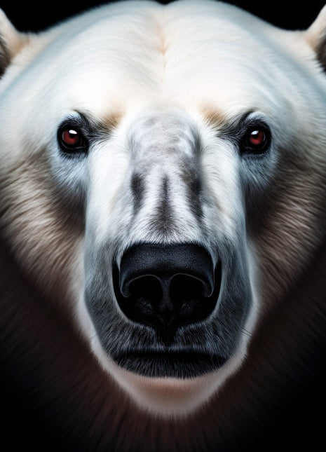 Close-up polar bear with frost-blue shadows, white fur, small dark eyes and a broad black nose.