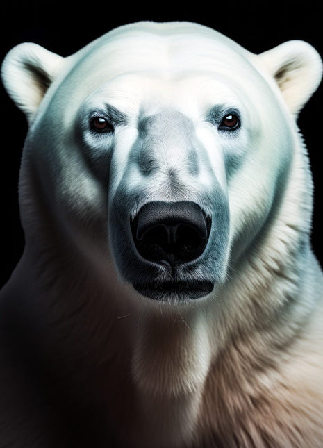 Polar bear facing forward with cool white fur, rounded ears, a pale elongated muzzle and a broad black nose against black.
