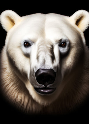 Polar bear facing forward with a broad ivory ruff, small rounded ears and a black nose against black.