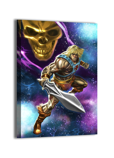 24x36 canvas of He-Man in cosmic setting with Skeletor looming