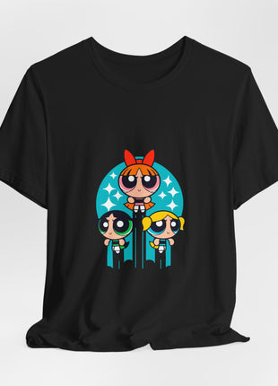 Draped front of a black graphic T-shirt showing The Powerpuff Girls trio flying before a teal starry circle.