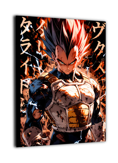 High-quality canvas wall art showcasing Vegeta with a fierce expression, spiked hair, battle-worn armor, and bold anime illustration style.