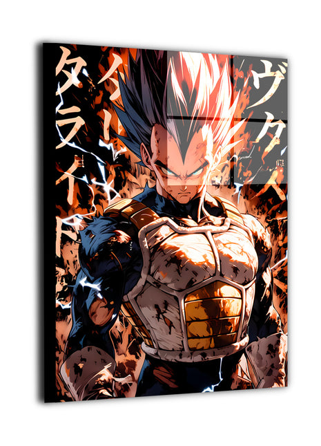 Metal wall art featuring Vegeta in a powerful anime portrait, sharp contrast, glowing accents, and an intense warrior aesthetic.