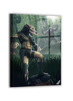 Metal — sleek metallic finish; towering hunter in armor, ape tribe advancing; art by Ben Asher.