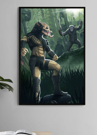 Poster — masked extraterrestrial hunter facing spear-wielding apes in a foggy jungle; art by Ben Asher.