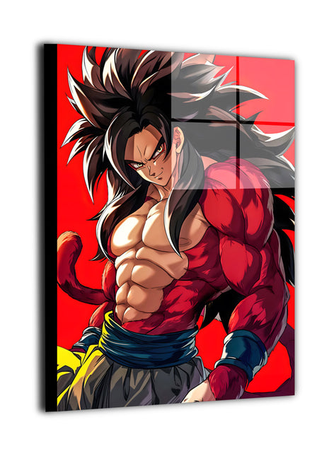 Ultra-sharp metal wall art showing a battle-ready anime character with long flowing hair and powerful red-toned transformation
