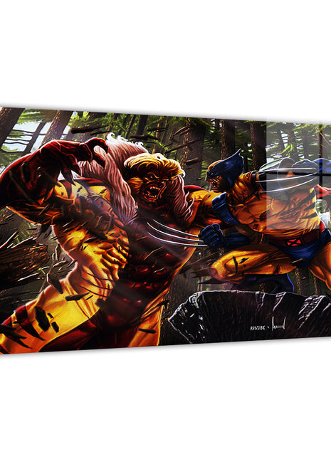 Primal Rivalry Metal — Wolverine vs Sabretooth by Ryan Pasibe; modern metallic sheen, ready to hang.