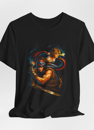 Draped black T-shirt with gathered hem showing the Prince holding a curved sword with Elika above him amid looping red-blue fabric.