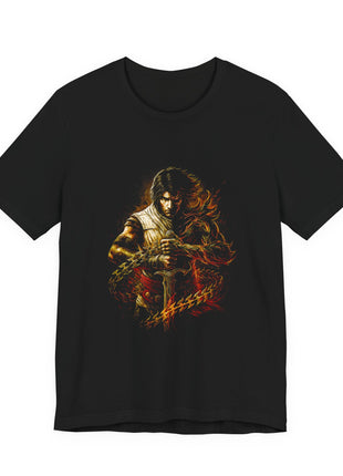 Black T-shirt front showing a split Prince and Dark Prince portrait with a central sword and curved gold chain.