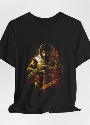 Gathered black T-shirt front featuring the Prince and Dark Prince divided between cream clothing and dark orange-marked armor.