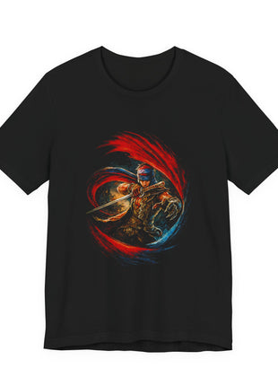 Front of black T-shirt showing the Prince with a sword and clawed gauntlet surrounded by sweeping red and blue arcs.