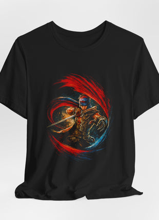Draped black T-shirt with gathered hem showing the Prince with a sword and clawed gauntlet surrounded by sweeping red and blue arcs.