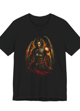 Black T-shirt front showing the armored Prince of Persia between two tall curved swords in bronze and gold light.
