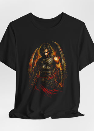 Gathered black T-shirt front featuring the Prince, twin curved blades and a crimson waist sash.