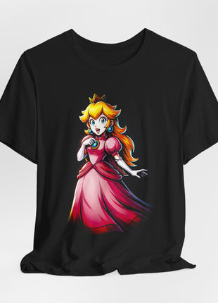 Draped front view of the black Princess Peach Royal Pink Graphic T-Shirt.