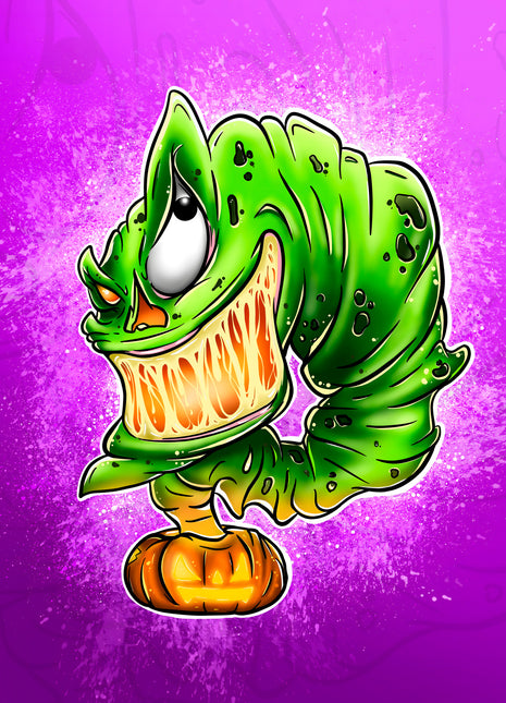 Green toothy cartoon monster above a jack-o'-lantern on purple and magenta